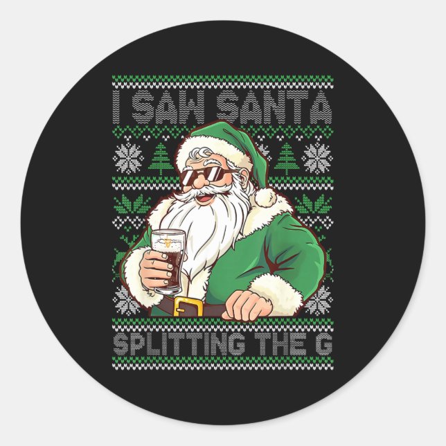 Sticker Rond Funny Santa Drinking Beer Splitting G Christmas Ad (Devant)