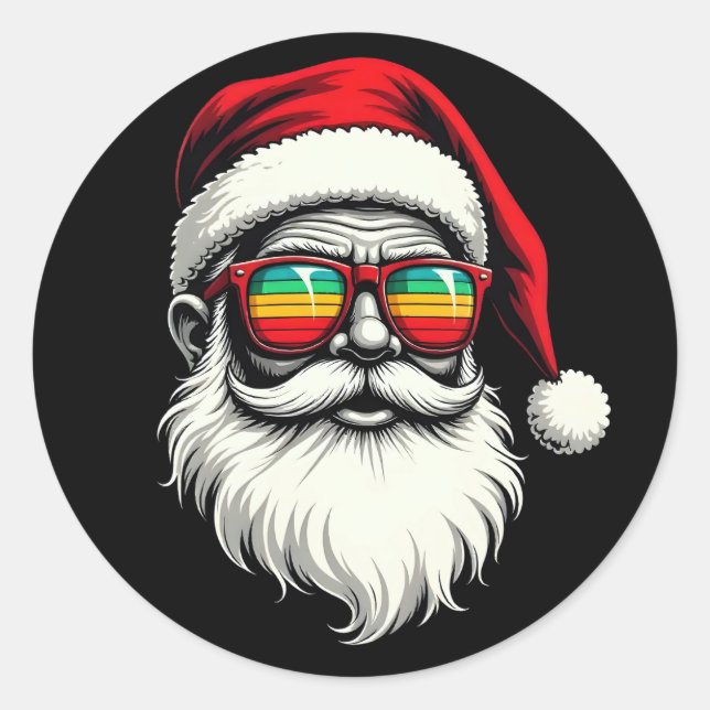 Sticker Rond Funny Santa Face Retro Sunglasses Christmas  (Devant)