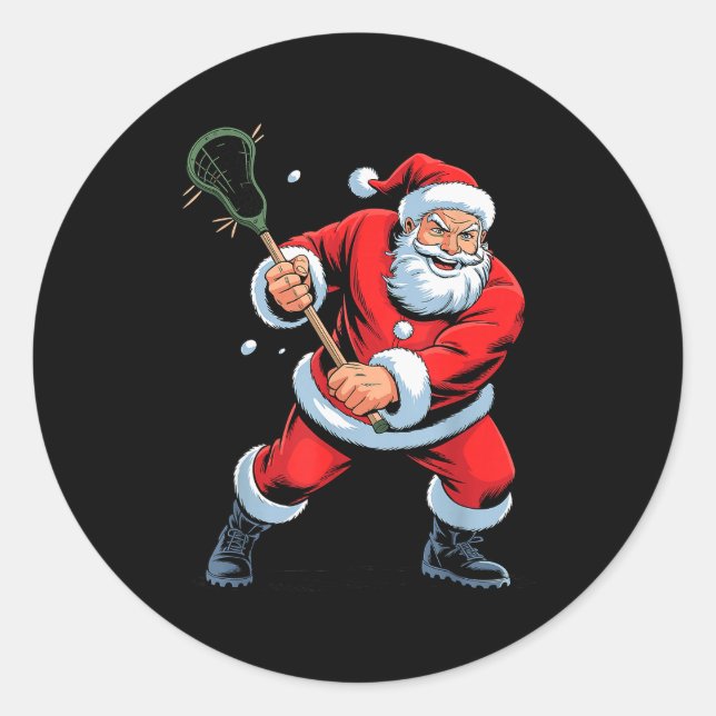 Sticker Rond Funny Santa Playing Lacrosse Holiday Christmas Xma (Devant)