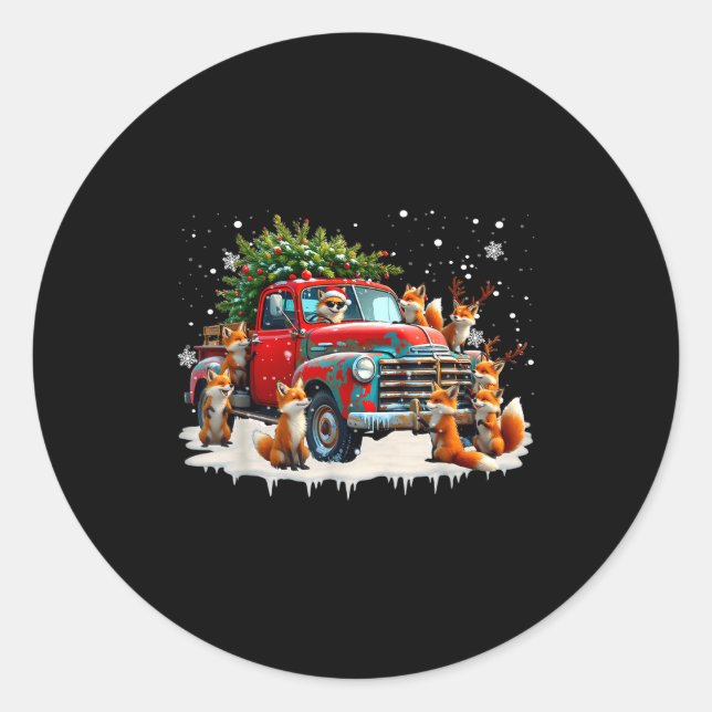 Sticker Rond Funny Santa Riding Christmas Tree Truck Fox Christ (Devant)