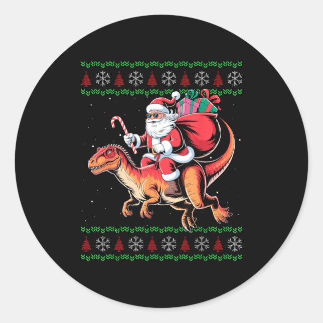 Sticker Rond Funny Santa Riding Dinosaur Animal Ugly Christmas  (Devant)