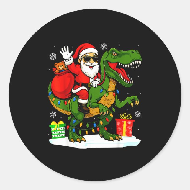 Sticker Rond Funny Santa Riding Dinosaur T Rex Christmas Santa  (Devant)