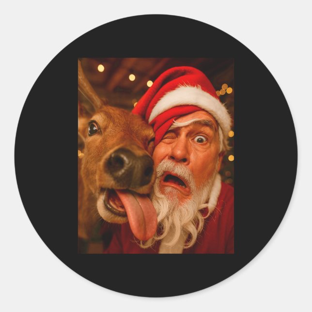 Sticker Rond Funny Santa Selfie Reindeer Men Women Kids Christm (Devant)