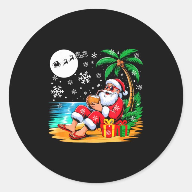 Sticker Rond Funny Santa Sungles Drinking Coconut On Beach Chri (Devant)
