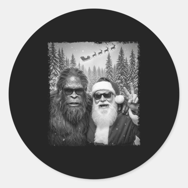 Sticker Rond Funny Sasquatch Meme Cool Selfie With Santa Christ (Devant)