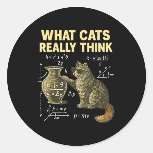Sticker Rond Funny Science Cat Physics What Cats Think Gift Men (Devant)