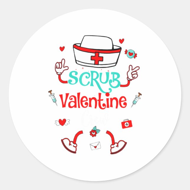 Sticker Rond Funny Scrub Valentines Day Nurse Crew Family Group (Devant)