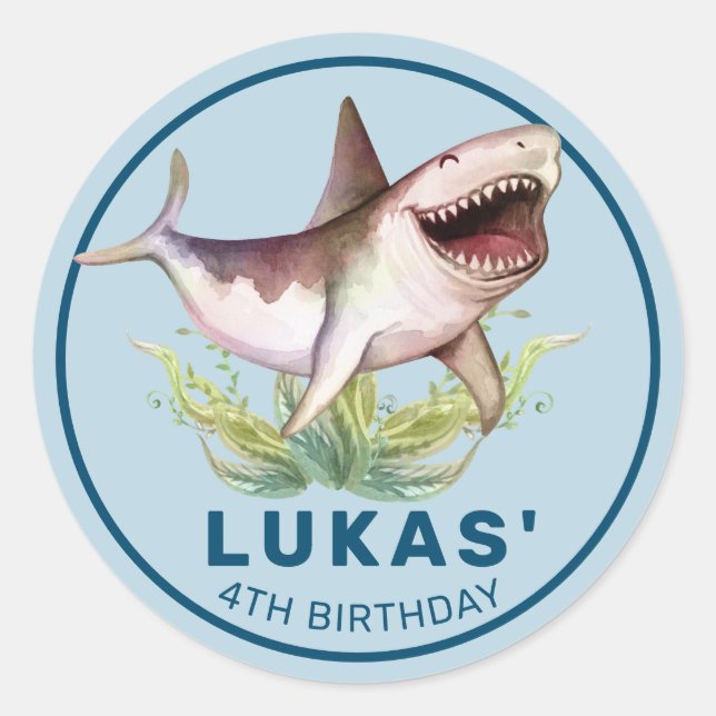 Sticker Rond Funny Shark Blue Ocean Theme Anniversaire de enfan (Devant)