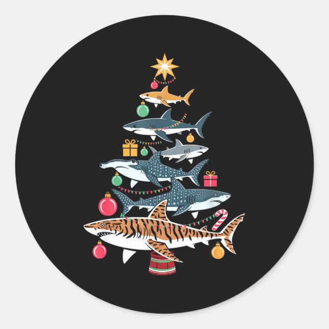 Sticker Rond Funny Shark Christmas Tree  (Devant)
