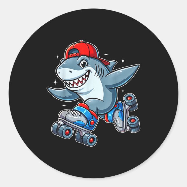 Sticker Rond Funny Shark On Roller Skates Cute Cool Skater Anim (Devant)