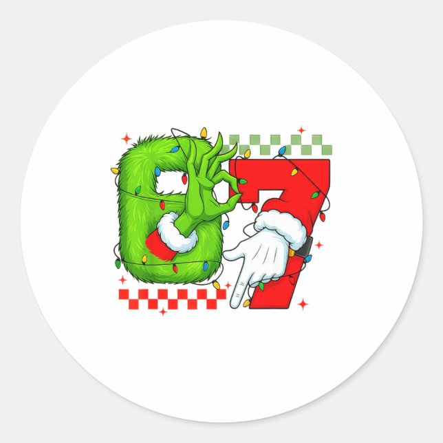 Sticker Rond Funny Six Seven 67 Meme 6 7 Christmas Elf Hand Boy (Devant)
