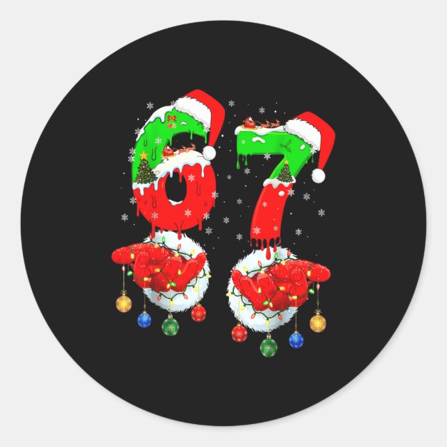 Sticker Rond Funny Six Seven 67 Meme 6 7 Christmas Santa Hand B (Devant)