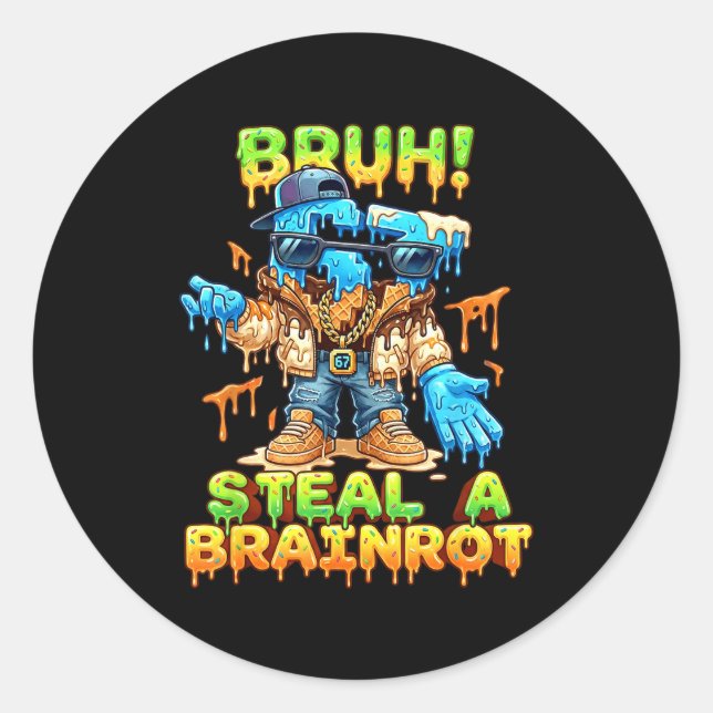Sticker Rond Funny Six Seven Meme - Bruh Steal A Brainrot - Fun (Devant)