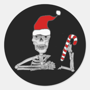 Sticker Rond Funny Skeleton à Santa a Christmas