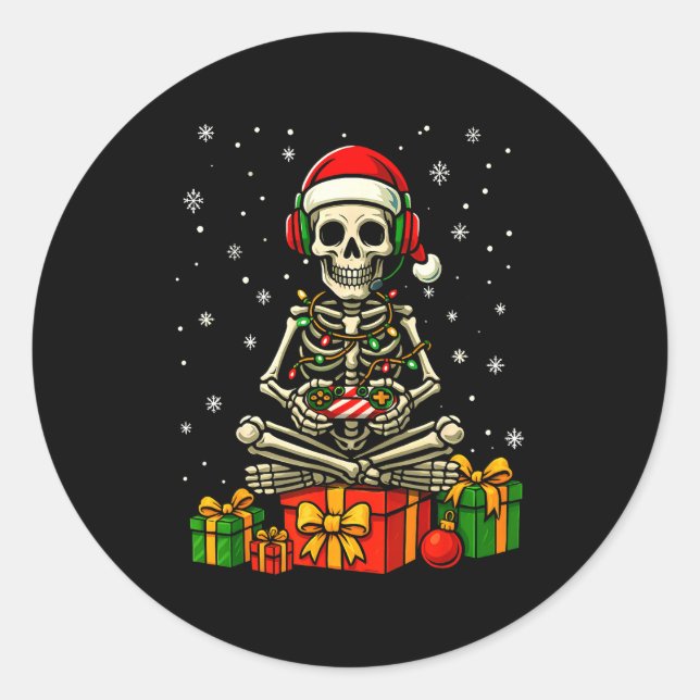 Sticker Rond Funny Skeleton Game Controller Xmas Lights Men Wom (Devant)