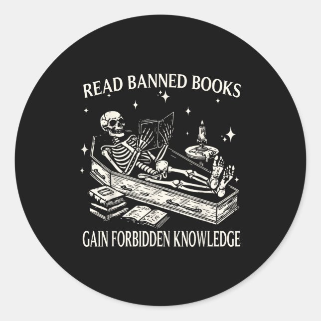Sticker Rond Funny Skeleton Read Banned Books Gain Forbidden Kn (Devant)