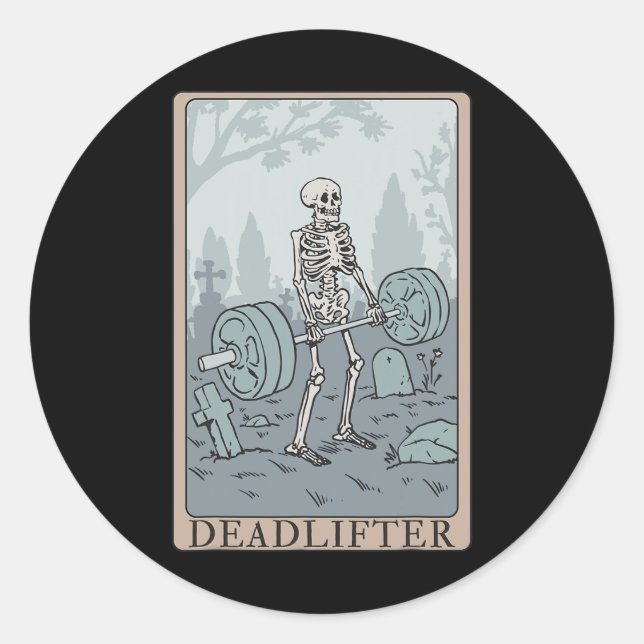 Sticker Rond Funny Skeleton Tarot Card Deadlifter Bodybuilding (Devant)
