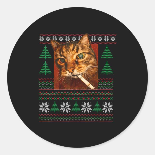 Sticker Rond Funny Smoking Cat Meme Christmas Ugly  (Devant)