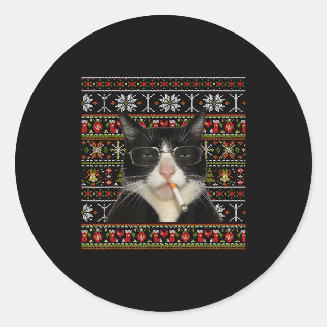 Sticker Rond Funny Smoking Cat Meme Christmas Ugly Sweater Cat  (Devant)