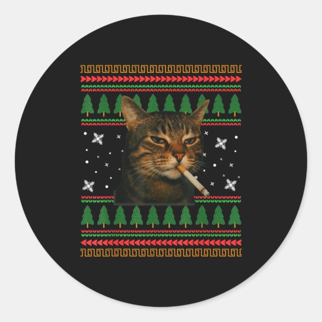 Sticker Rond Funny Smoking Cat Meme Christmas Ugly Sweater Cat  (Devant)