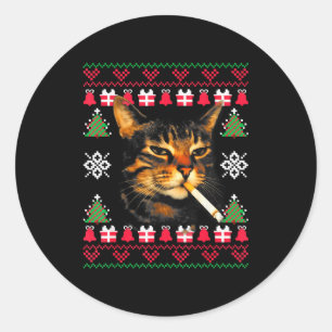 Sticker Rond Funny Smoking Cat Meme Ugly Sweater de Noël pour