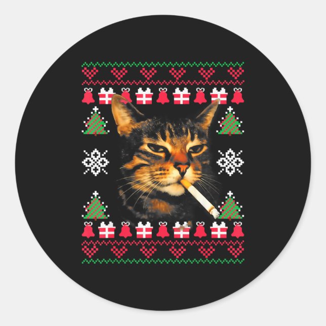 Sticker Rond Funny Smoking Cat Meme Ugly Sweater de Noël pour  (Devant)