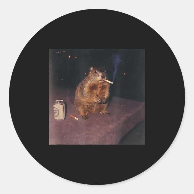 Sticker Rond Funny Smoking Groundhog Cigarette Gen Z Retro Meme (Devant)
