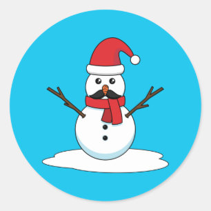 Sticker Rond Funny Snowman avec Moustache et carotte