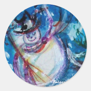STICKER ROND FUNNY SNOWMAN DANS LA NUIT D'HIVER