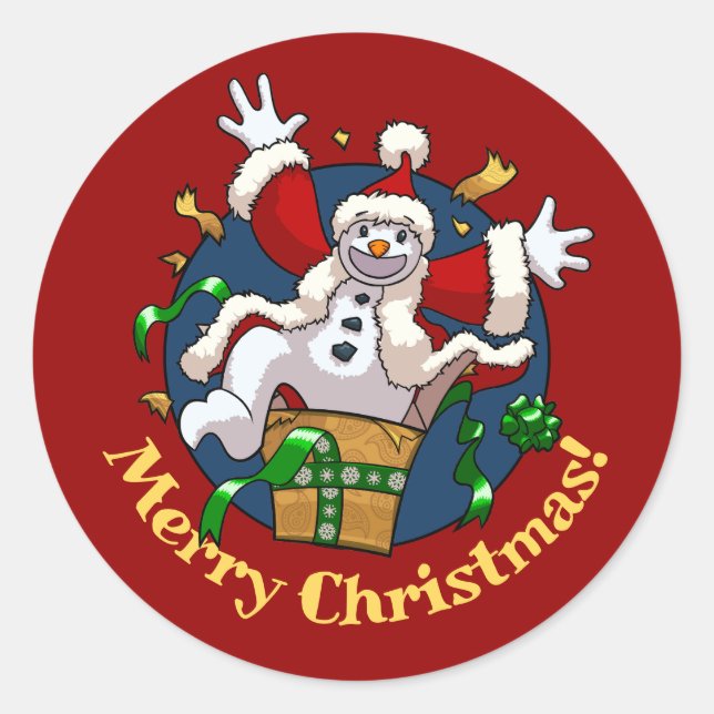 Sticker Rond Funny Snowman Merry Christmas Surprise Cartoon (Devant)