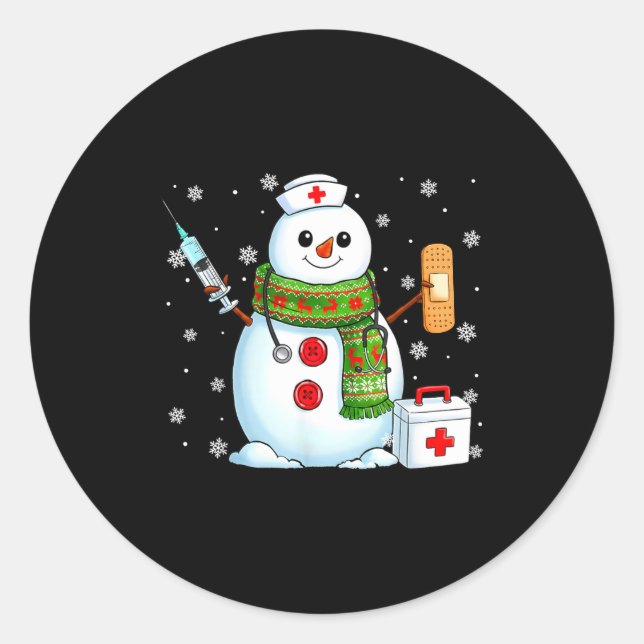 Sticker Rond Funny Snowman Nurse Pjs Pajamas Christmas Xmas Wom (Devant)