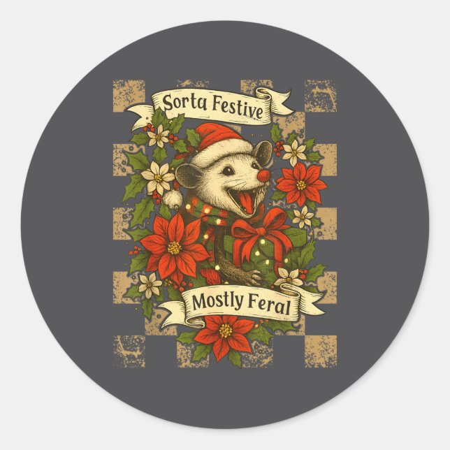 Sticker Rond Funny Sorta Festive Mostly Feral Ssum Christmas Os (Devant)