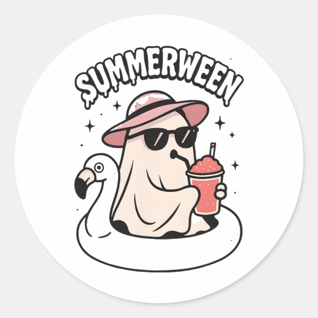 Sticker Rond Funny Summerween rose Fantôme Flottant Au Flamant  (Devant)