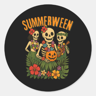 Sticker Rond Funny Summerween Skeletons Luau Party Halloween Be
