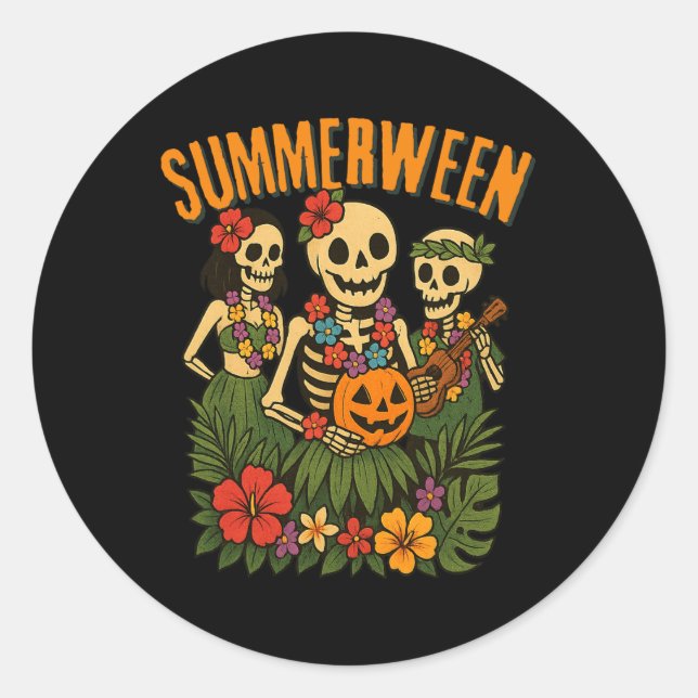 Sticker Rond Funny Summerween Skeletons Luau Party Halloween Be (Devant)