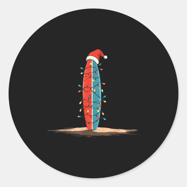 Sticker Rond Funny Surf Christmas Lights Lover Surfboard Surfin (Devant)