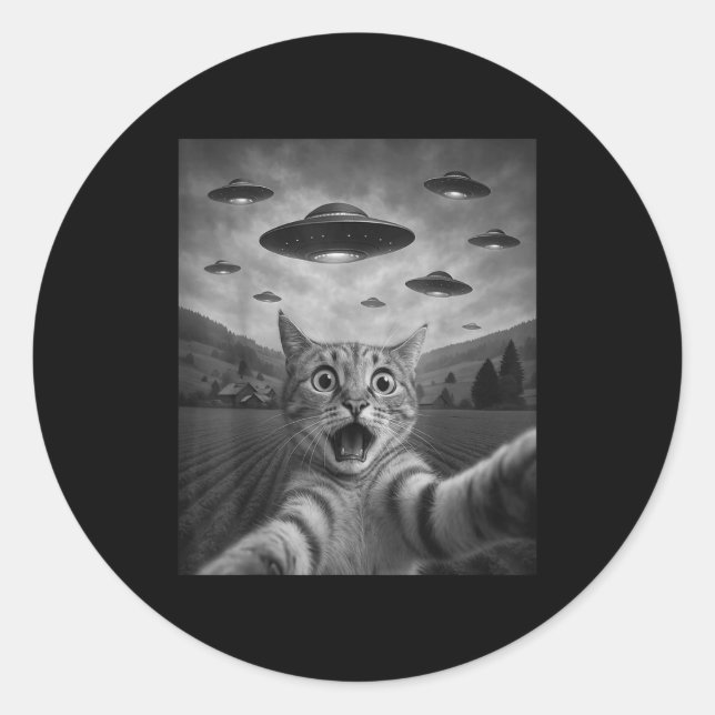 Sticker Rond Funny Surprised Ed Cat Selfie With Alien Ufo Cat U (Devant)