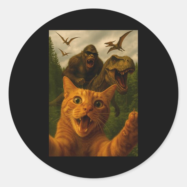 Sticker Rond Funny Surprised Ed Cat Selfie With Bigfoot T-rex  (Devant)