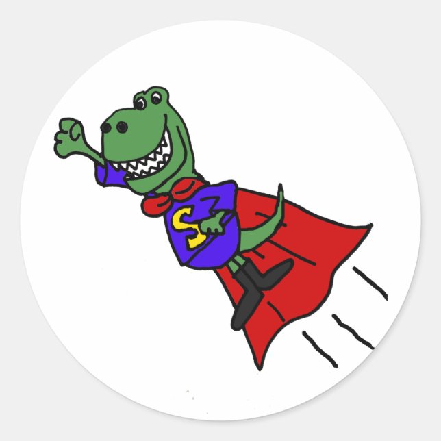 Sticker Rond Funny T-rex Dinosaur Flying Superhero (Devant)