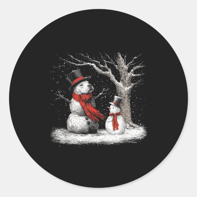 Sticker Rond Funny Tbull Dog In The Snow Tree Christmas Winter  (Devant)