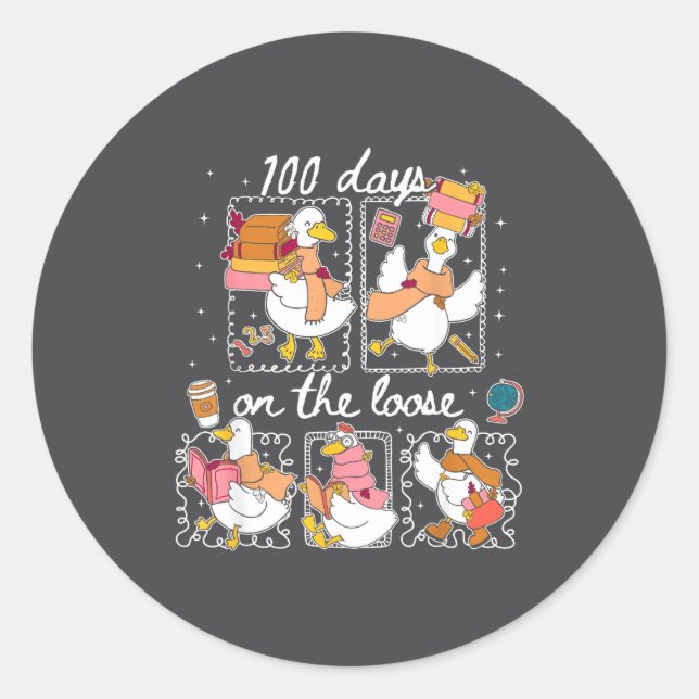 Sticker Rond Funny Teachers Silly Goose 100 Day Of School, Goos (Devant)