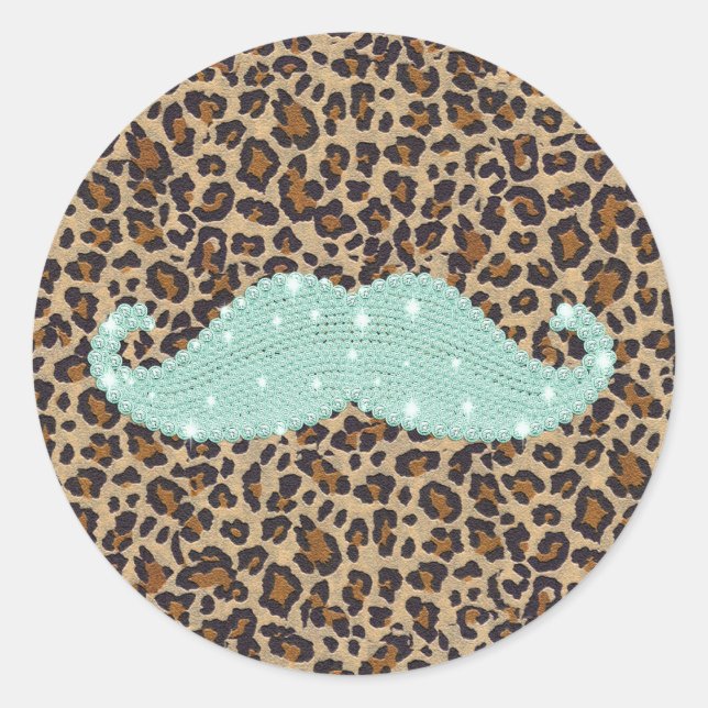 Sticker Rond Funny Teal Green Bling Mustache And Animal Print (Devant)