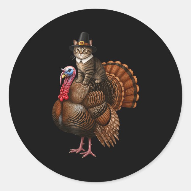 Sticker Rond Funny Thanksgiving Cat On Turkey, Lgrim Hat Turkey (Devant)