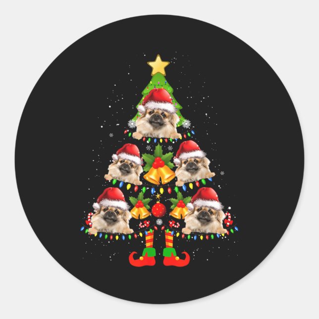 Sticker Rond Funny Tibetan Spaniel Christmas Lights Tree Dog Lo (Devant)