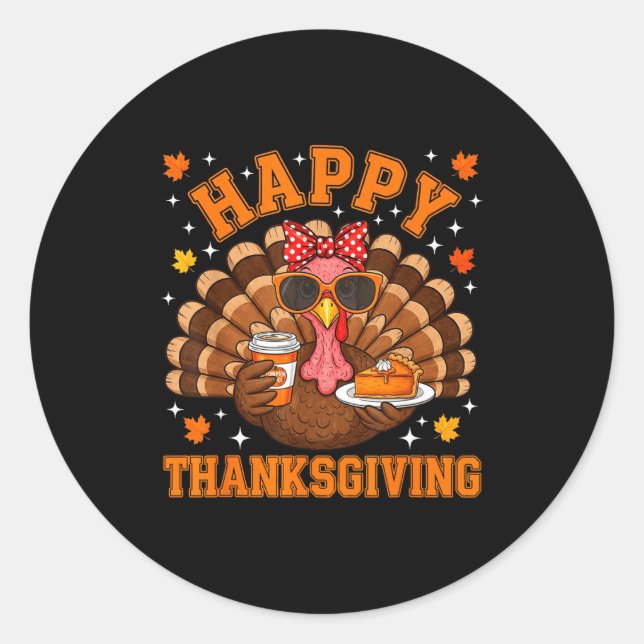 Sticker Rond Funny Turkey Drinking Coffee Thanksgiving Bow Girl (Devant)