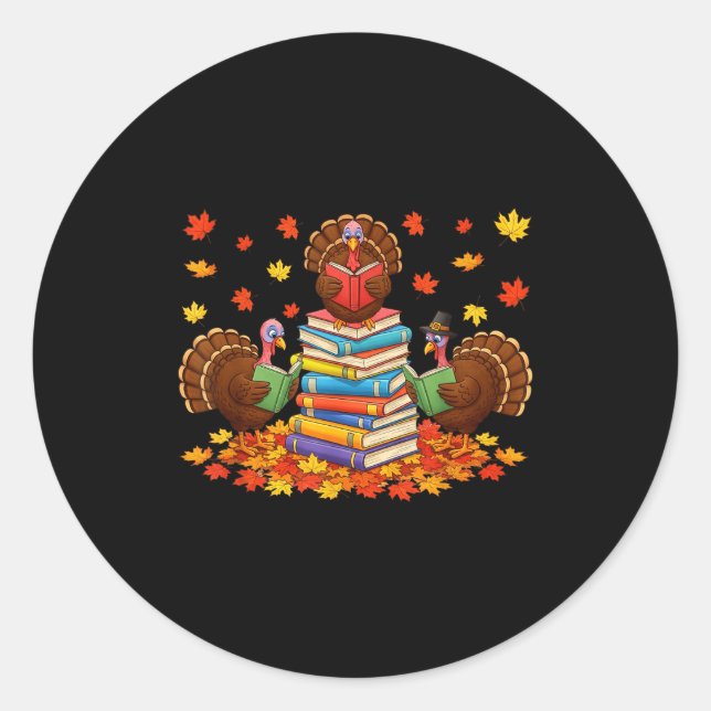 Sticker Rond Funny Turkey Reading Book Fall Thanksgiving Teache (Devant)