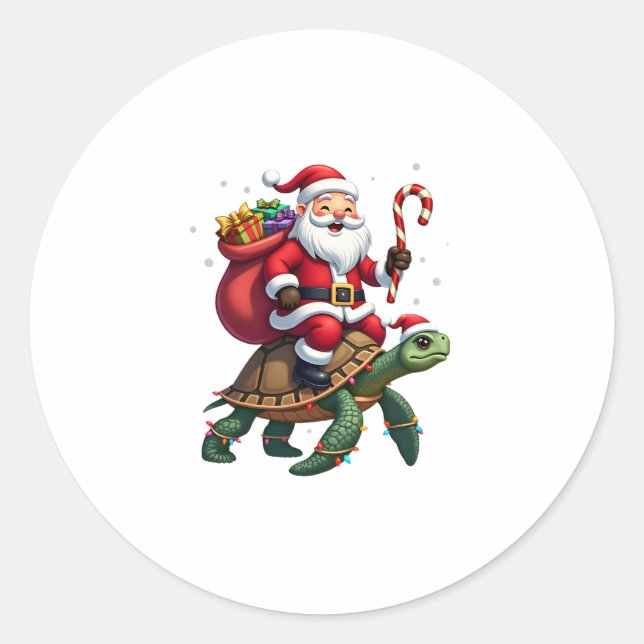 Sticker Rond Funny Turtle Christmas Santa Riding Sea Turtle Xma (Devant)
