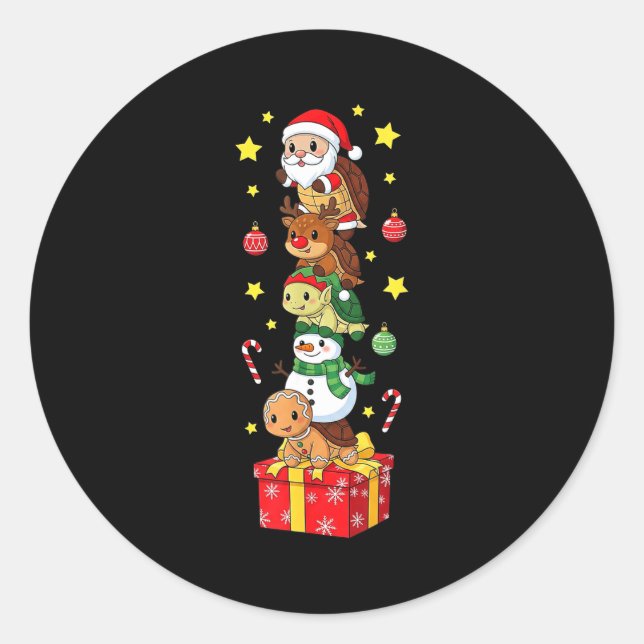 Sticker Rond Funny Turtle Santa Elf Snowman Christmas Boys Girl (Devant)