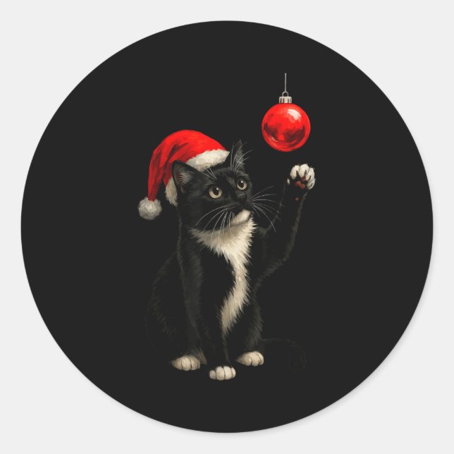 Sticker Rond Funny Tuxedo Bauble Cat Santa Hat Red Xmas Christm (Devant)