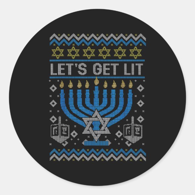 Sticker Rond Funny Ugly Hanukkah Sweater Lets Get Lit Menorah J (Devant)